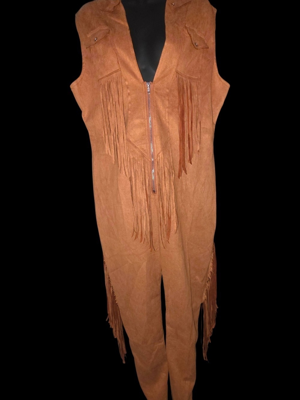 NWOT Western Faux Suede Fringe Jumpsuit - Tag M (Fits like XL)